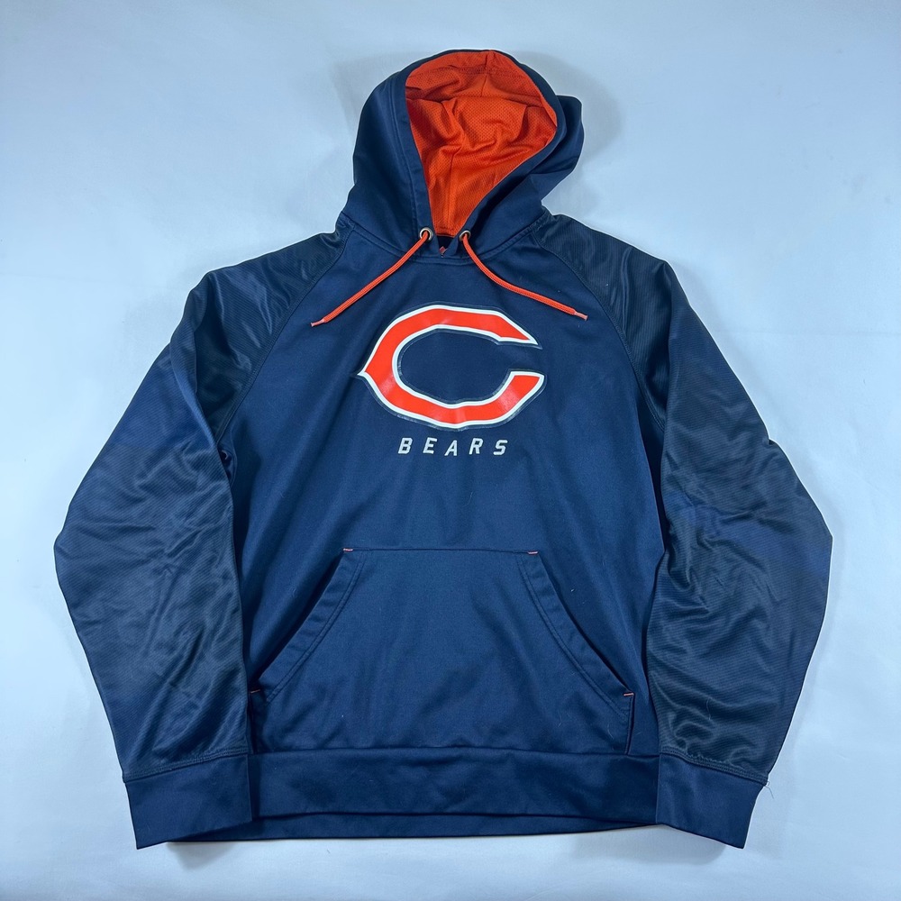 Majestic Mens Large Chicago Bears NFL Therma Base Hooded Sweatshirt Navy Orange